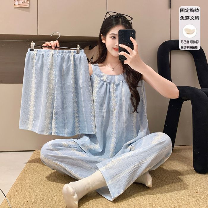 Nuevo pijama de tirantes sin mangas de estilo chino para mujer, algodón de nube delgada de verano, almohadilla para el pecho, ropa para el hogar, traje de tres piezas