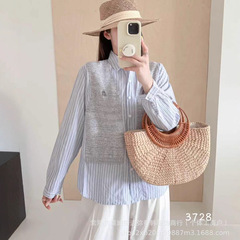 3728秋季新款文艺复古条纹衬衫女宽松休闲百搭长袖衬衣上衣小个子