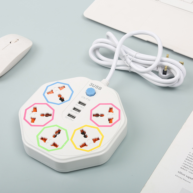 CX-T16 # 2m cables octogonales creativos 5 placa de conexión 3 enchufes USB en el extranjero enchufes de comercio exterior