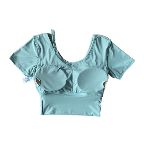 Yoga short-sleeved top with chest pad  new Korean version leaking belly button sweat-absorbent quick-drying sports fitness slimming T-shirt