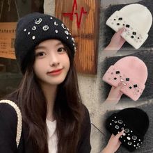 韩国名媛女孩手工水钻毛线帽针织帽子秋冬女童百搭毛线帽亲子款