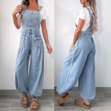 外贸欧美跨境亚马逊女装新款 时尚休闲宽松阔腿牛仔背带裤89122