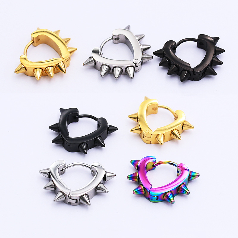 Cross-border Amazon Punk Stainless Steel Heart Cone Rivet Peach Heart Ear Buckle Hip-hop Women's Trendy Men's Earrings Earrings
