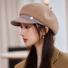 韩版秋冬时尚高级感羊毛呢鸭舌帽英伦风保暖短檐帽户外防风报童帽