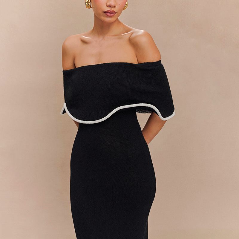 Women Clothing Summer Contrast Color Ruffled off the Shoulder Tube Top Backless Sheath Sexy Dress