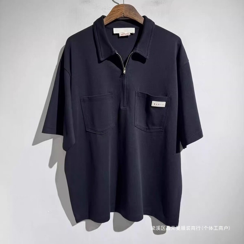 Cross-Border Marni Double Pocket Zipper Polo Shirt Short-Sleeved T-Shirt Hong Kong Style Retro Versatile Simple Men's T-Shirt