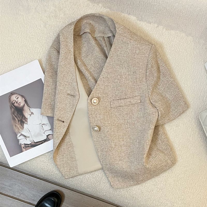Light Brown Short-Sleeved Suit Jacket for Women, Thin Summer Style, New Short Top, Summer Thin High-End Suit