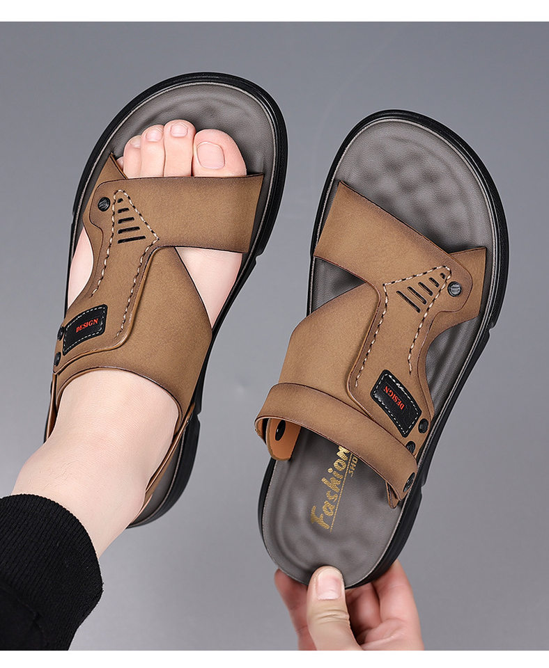 Dép sandal nam da bò thật hở ngón thoáng khí đi ngoài trời mùa hè — 56137 màu nâu nhạt, Màu xám 56137 chi tiết 14