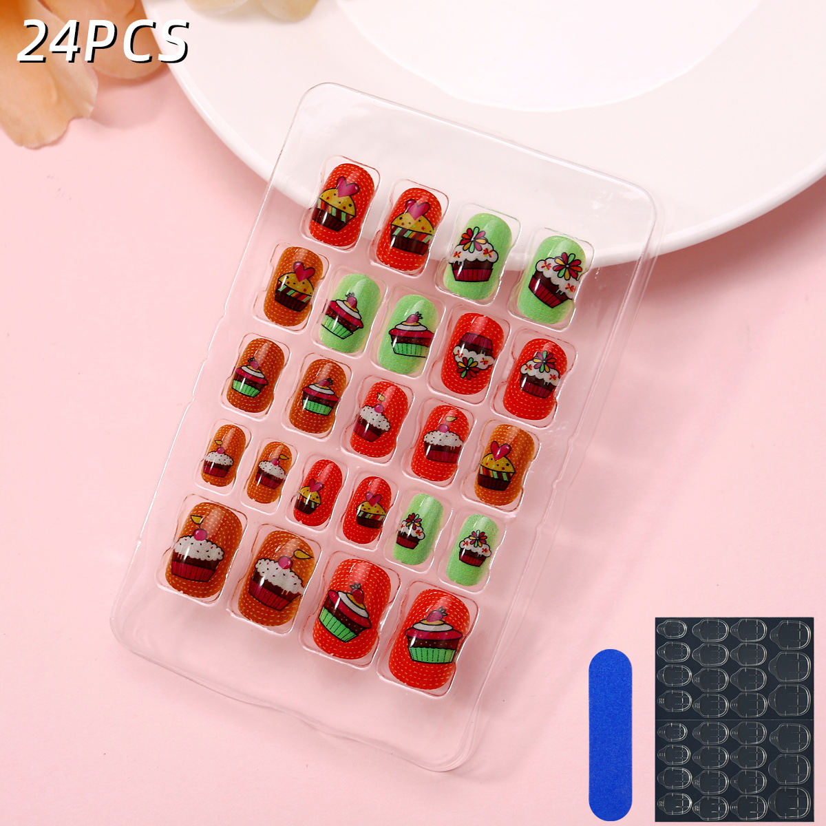 Juego de 24 piezas de uñas postizas para niños con diseño de dibujos animados, desmontables con adhesivo y exquisito diseño.