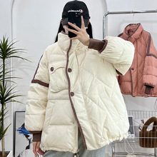 2022新款韓版白鴨絨立領加厚羽絨服女短款寬松織帶時尚洋氣冬外套
