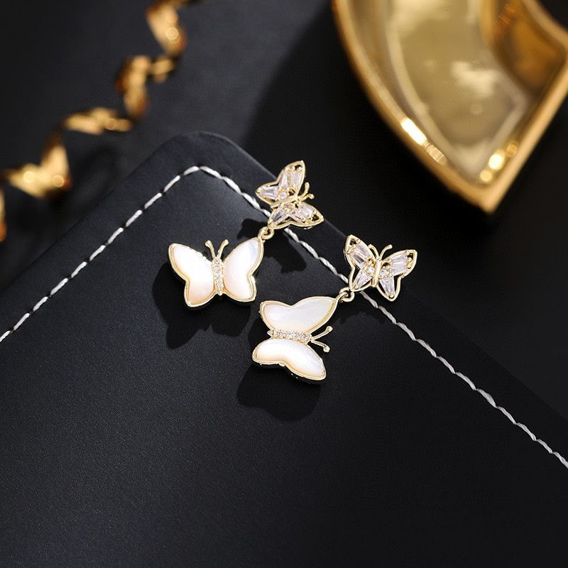 高版本925銀針+真金電鍍 兩隻蝴蝶 超仙氣質天然貝母耳環
