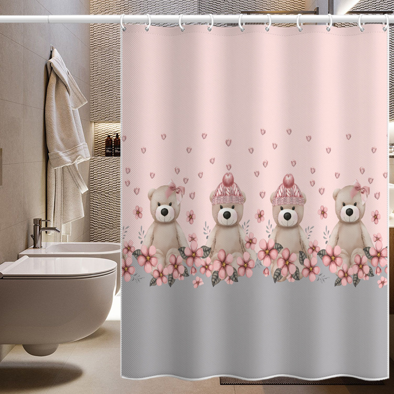 Bathroom Waterproof Shower Pink Bear Pattern, Polyester Fabric, No-drill Installation Set, Thickened, Mold-resistant_voghion.com