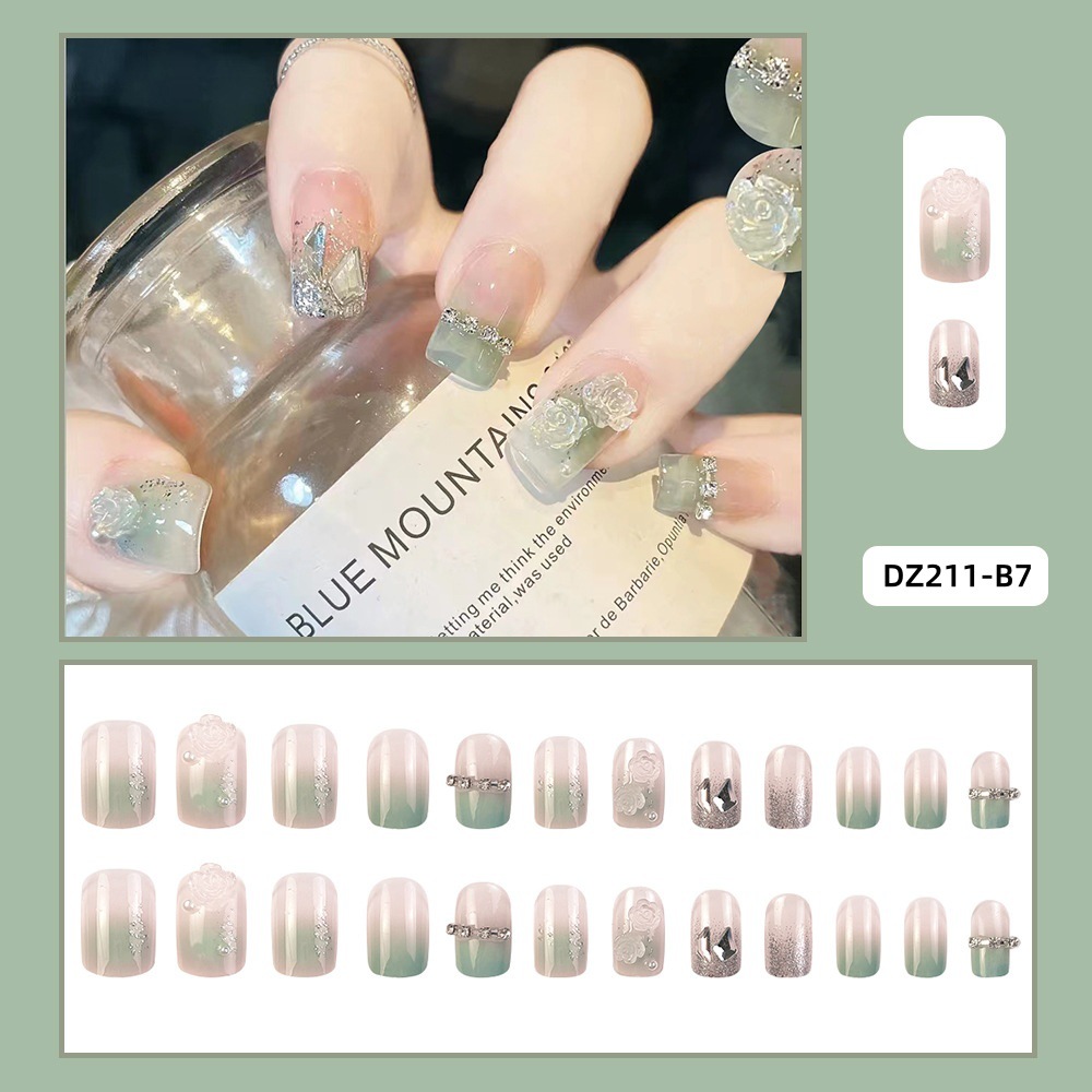 Desnudo transparente verde claro cristal rosado manicure rosa brillante diamante estilo francés usar 24 piezas de parche de uñas falsas
