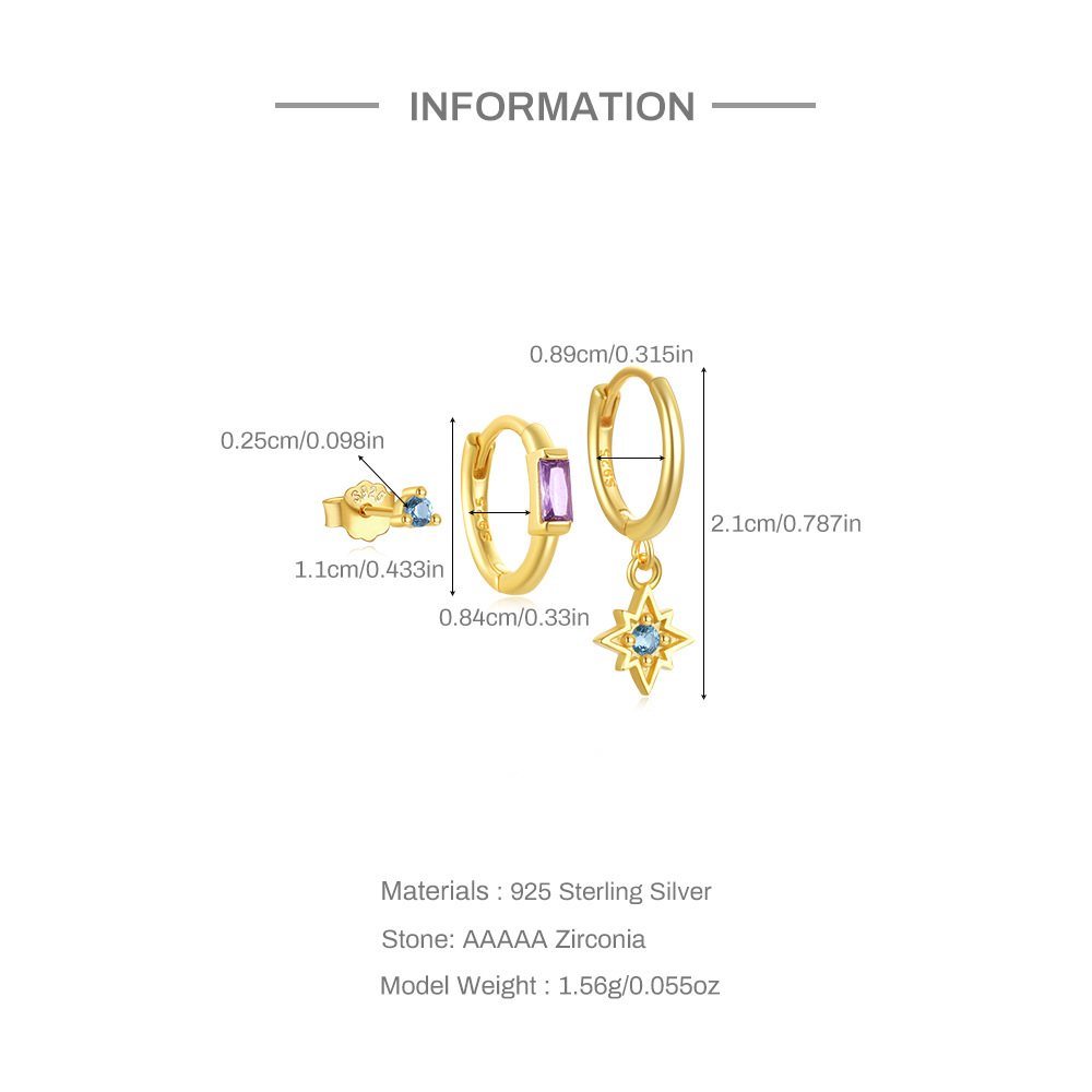 3 Pieces 925 Sterling Silver Zircon Geometric Earrings display picture 3