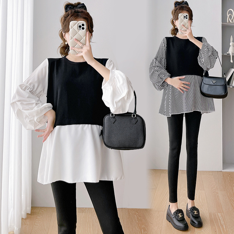 2024春秋孕妇T恤宽松泡泡袖假两件针织上衣哺乳上衣