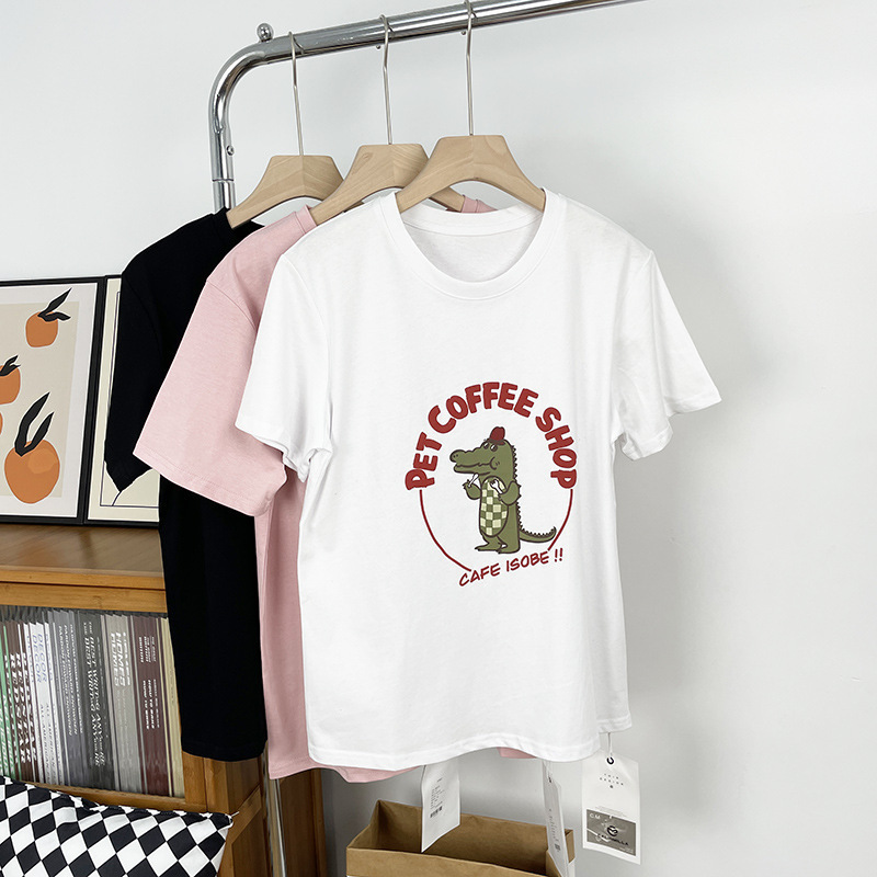 CarToon Crocodile PrinTed Round Neck ShorT-sleeved T-shirT for Women 2024 Summer New Junior High School STudenT Top BoTToming ShirT