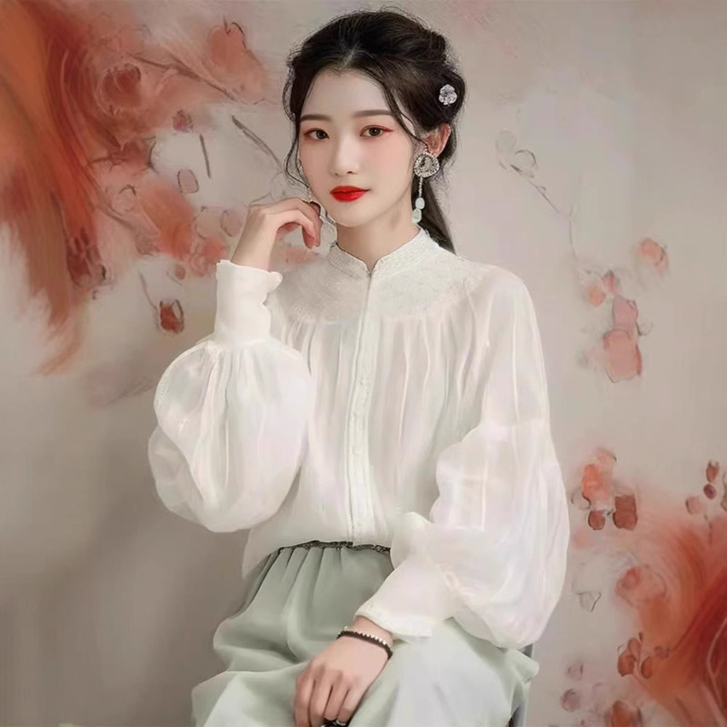 新しい中国風のハイエンドの絶妙なパフスリーブシフォントップ春のシックでユニークな超見栄えの良いレースシャツ女性用|undefined