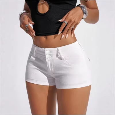 European and American Style White High-Waisted Denim Shorts for Women, Stretchy Slim-Fit Double-Button Hot Pants, Exclusively for Amazon European and American Style White High-Waisted Denim Shorts for Women, Stretchy Slim-Fit Double-Button Hot Pants, Exclusively for Amazon