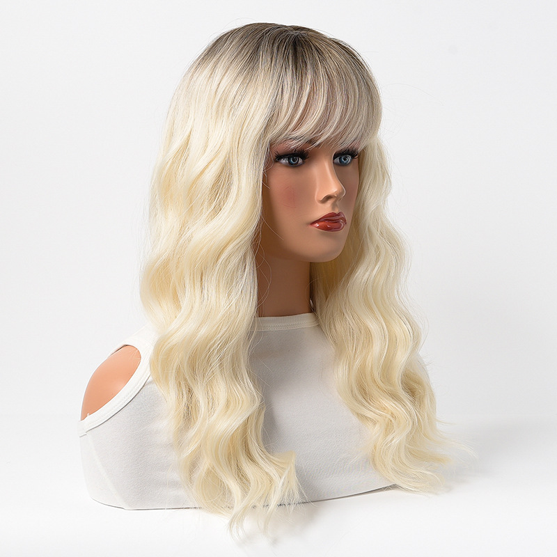 synthetic wig pink with dyed long curly hair on top wig women's full head cover_voghion.com