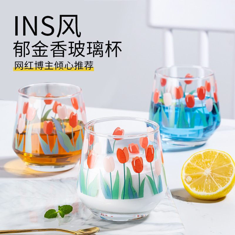Ins celebrity-style tulip glass milk cup with print, Nordic girl style fresh water cup, breakfast cup