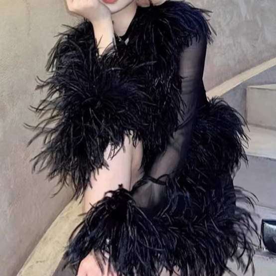 Sexy Hot Girl Ostrich Feather Patchwork Sheer Thin Jacket for Women, New Spring V-Neck Chiffon Shirt Versatile Base Top Sexy Hot Girl Ostrich Feather Patchwork Sheer Thin Jacket for Women, New Spring V-Neck Chiffon Shirt Versatile Base Top