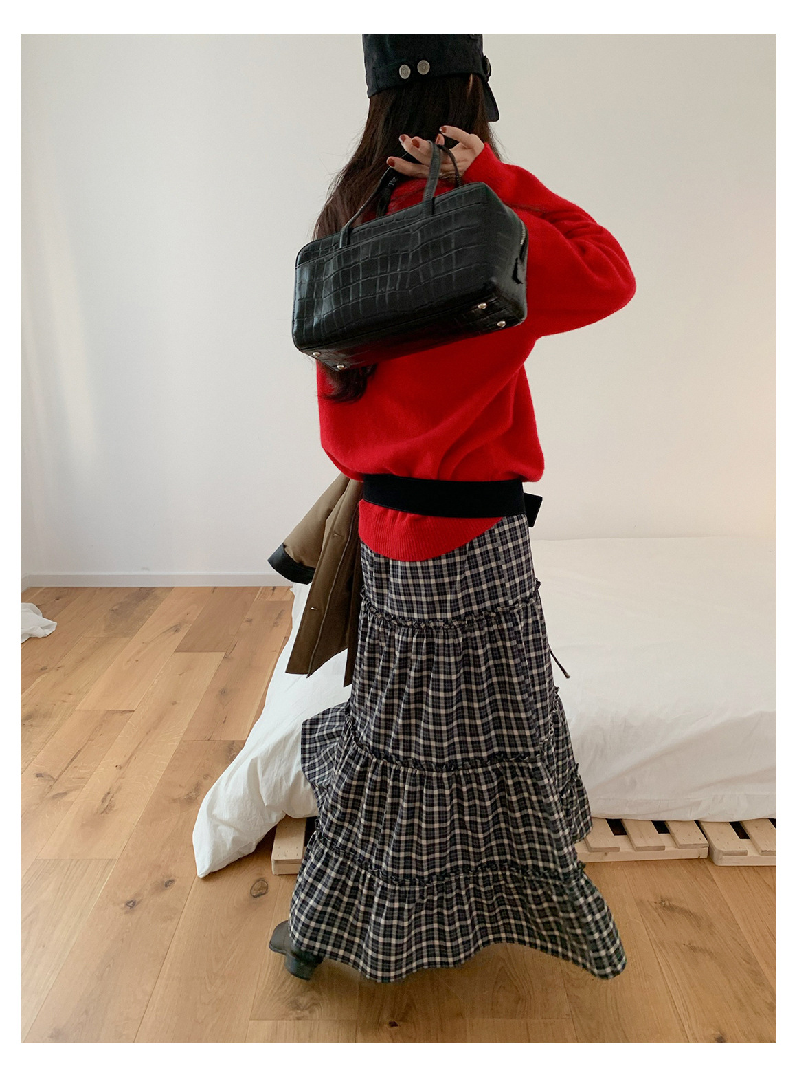 GraceChic GraceChic GraceChic Inbyin Gonna midi a quadri arricciati in stile coreano per donna, lunga vita elastica, che copre i fianchi, snellente_voghion.com