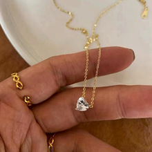 S925纯银镀14K金心形一颗钻超闪温柔锁骨链简约经典百搭项链女