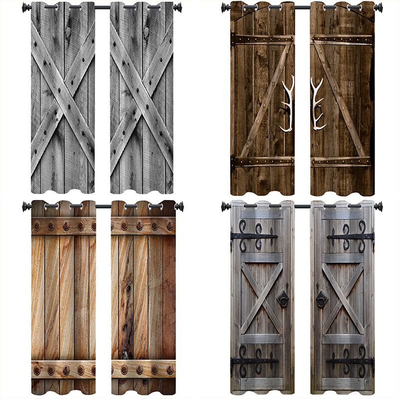 Cross-border e-commerce barn door curtain digital printing vintage wood grain curtain curtain living room kitchen semi-shading curtain