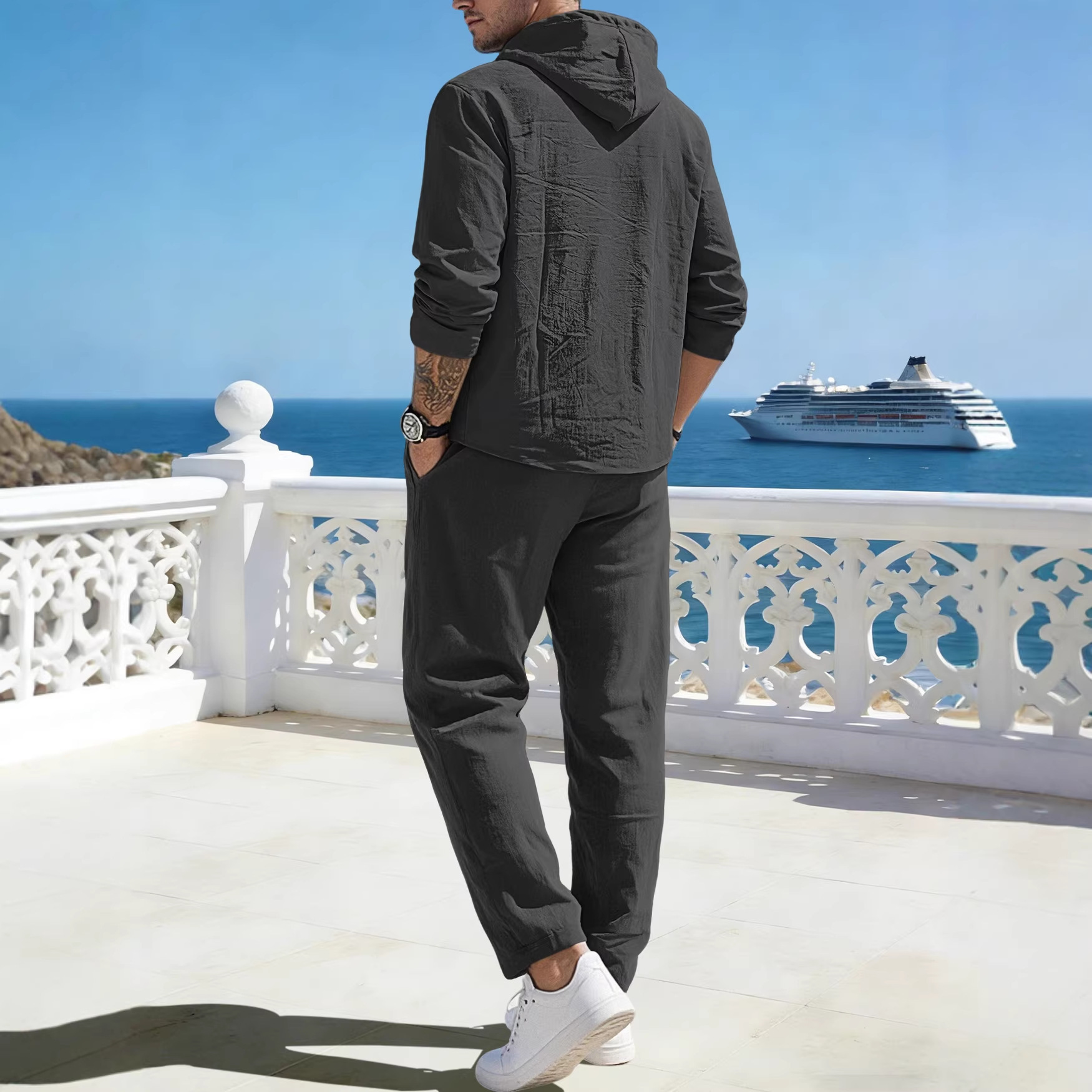 Nuevo transfronterizo europeo y americano TK Amazonas hombre nuevo lino de color sólido con capuzas de tirada manga larga pantalones para hombres