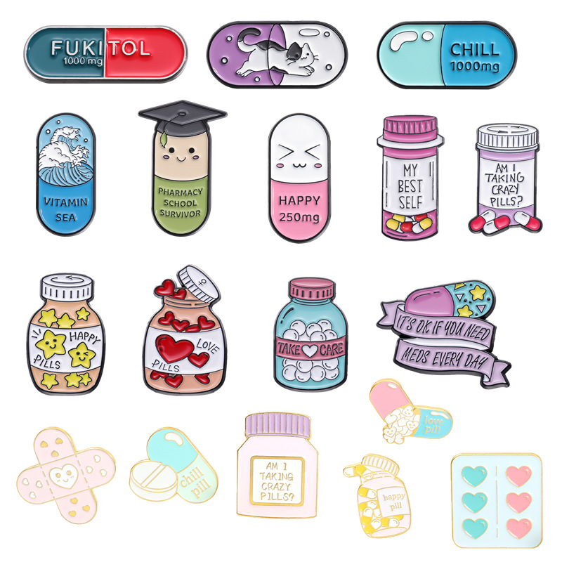 6g Weight Cartoon Style Pin Capsule Medicine Bottle Alloy Stoving Varnish Unisex Brooches