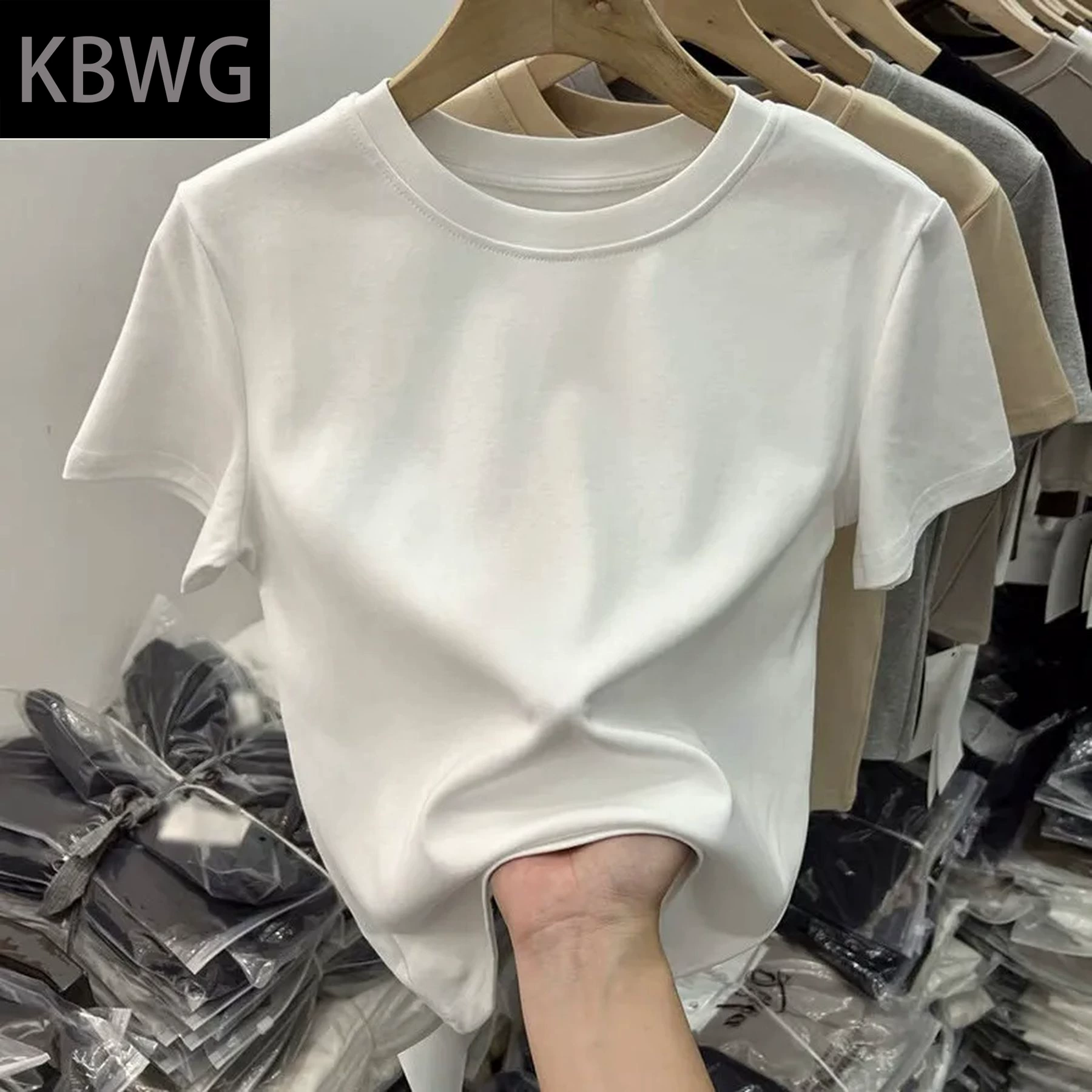 Stretch Thread Cotton European Goods Shoulder Casual Solid Color Short-sleeved T-shirt Women's 2025 New Slim-fit Base Shirt Top for Women