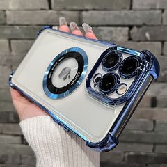 適用iPhone15P電鍍磁吸放大鏡手機殼太空殼四角防摔蘋果14pro透明