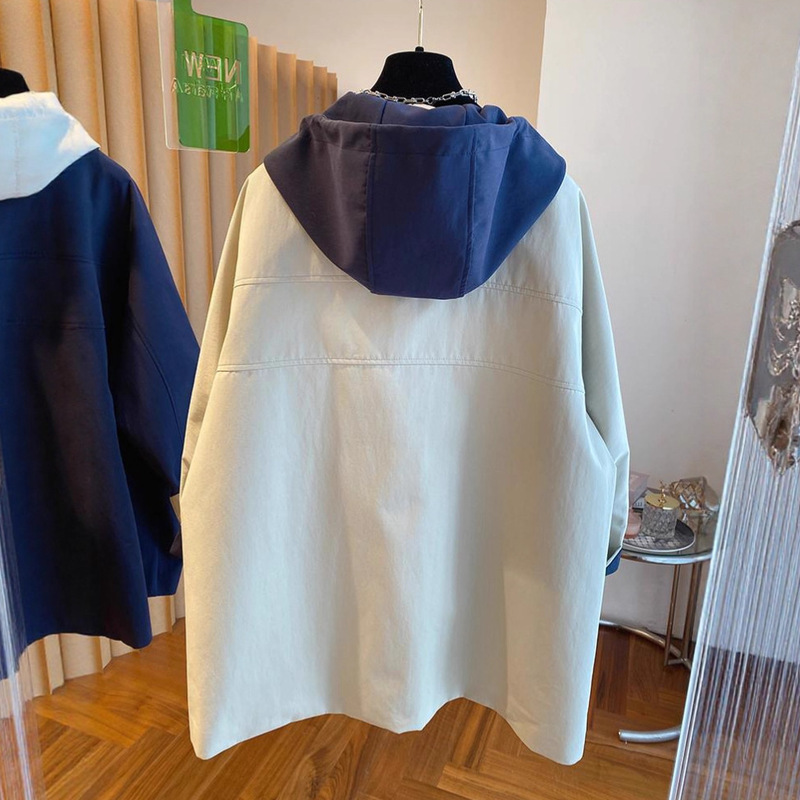 大码胖mm连帽工装风衣外套女2025秋新款韩版撞色拼接宽松显瘦上衣|undefined