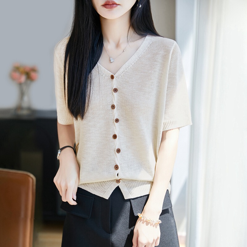 Summer Refreshing Pearl Linen Loose Mid-Sleeve V-Neck Cardigan Short-Sleeve Korean-Style Knitted Button Thin T-Shirt Top for Women