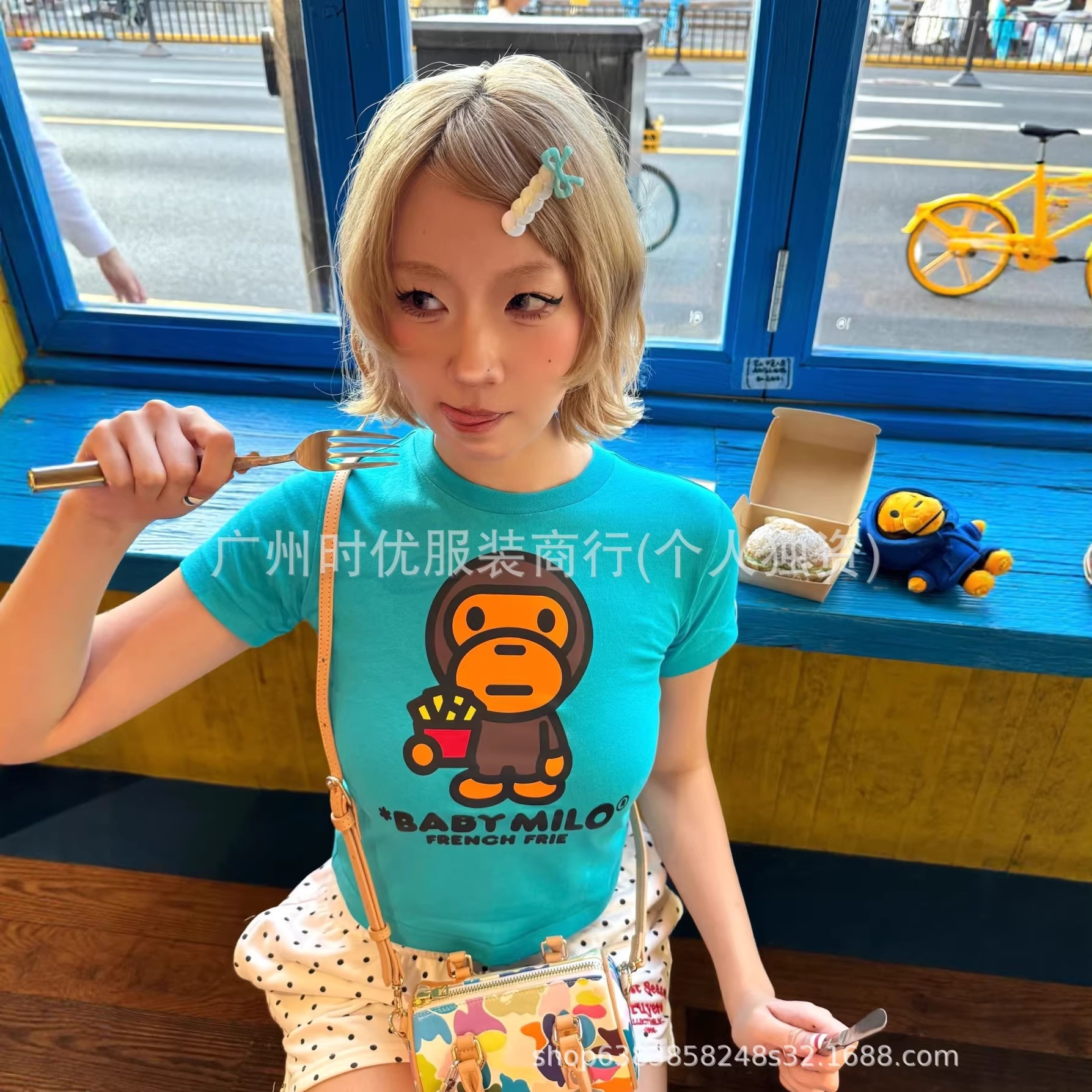 Children's Clothing Bap-Baby Japanese Trendy Brand Summer New French Fries Ape Print Girls' High-Waisted Short T-Shirt