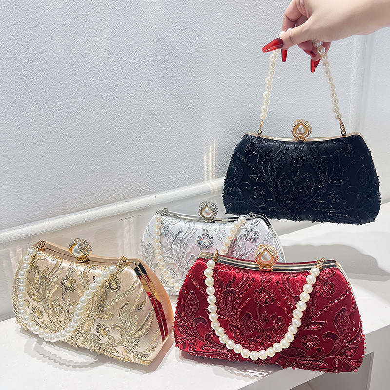 New Handmade Bead Embroidered Handbag, Pearl Chain Handbag, New Chinese Style Cheongsam Dress, High-End Elegant Dinner Bag