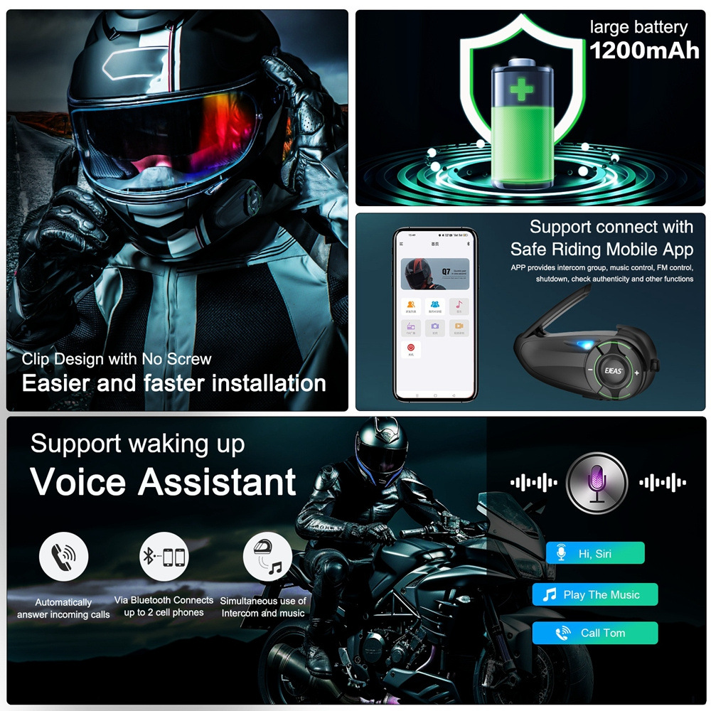 Ejeas Cross-Border Motorcycle Helmet Bluetooth Headset Export Intercom for 1000.6m People Ip67 Waterproof Q8