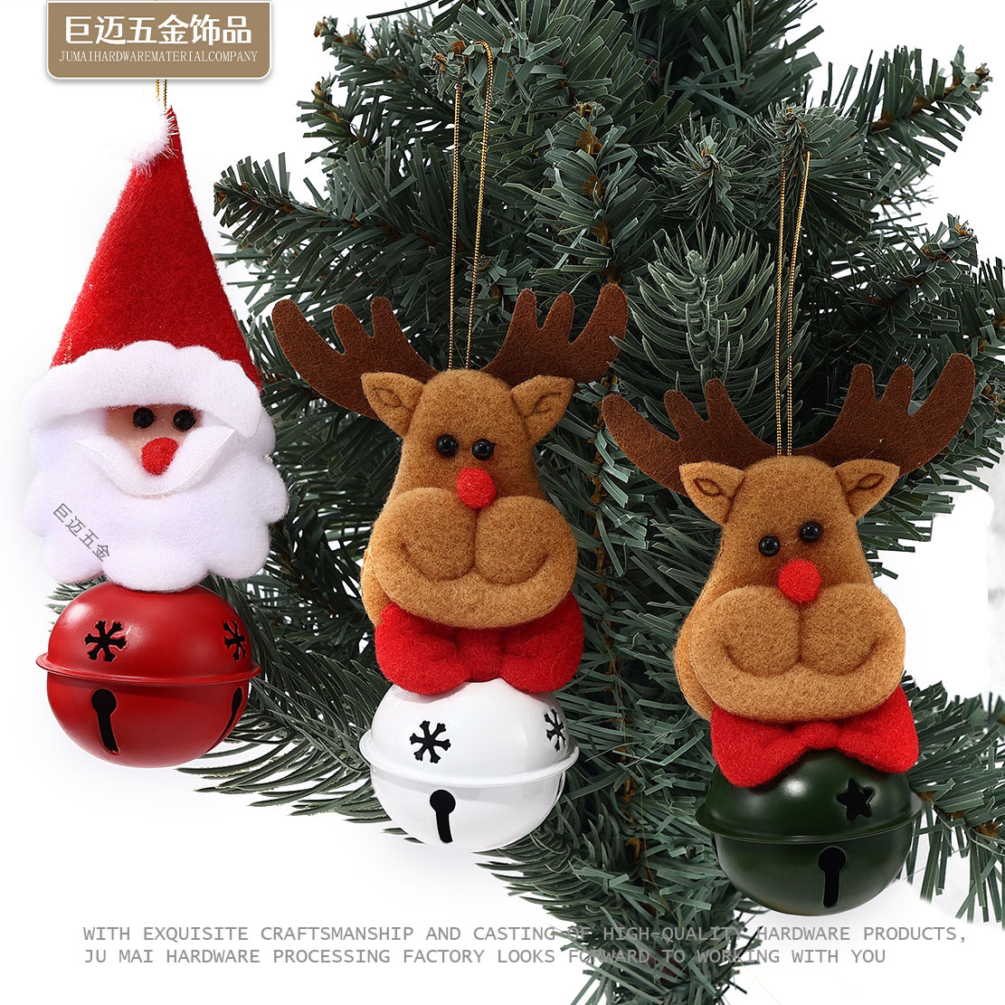 Santa Claus 5cm Snowflake Painted Bell Christmas Tree Snowman Reindeer Fabric Hanging Ornament Christmas Decoration Props