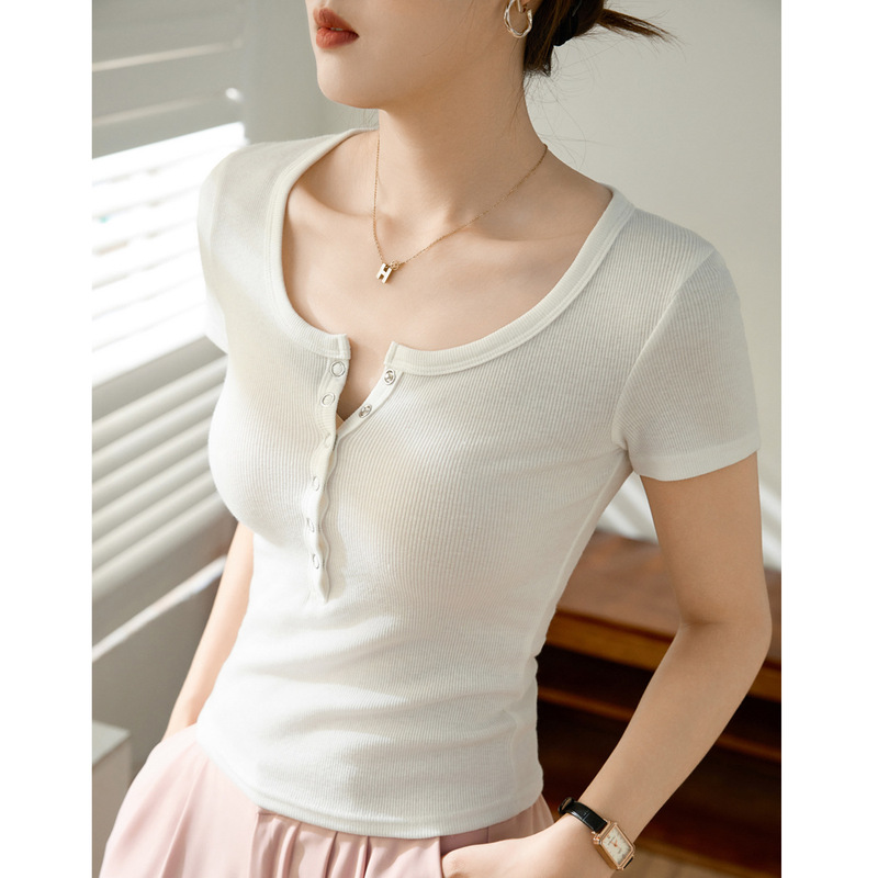 High-Quality Materials % Premium Feel Hidden Button Short-Sleeve T-Shirt for Women, Summer Ribbed Cotton 2026 New Style, Slim Fit, Flattering, Versatile Base Shirt