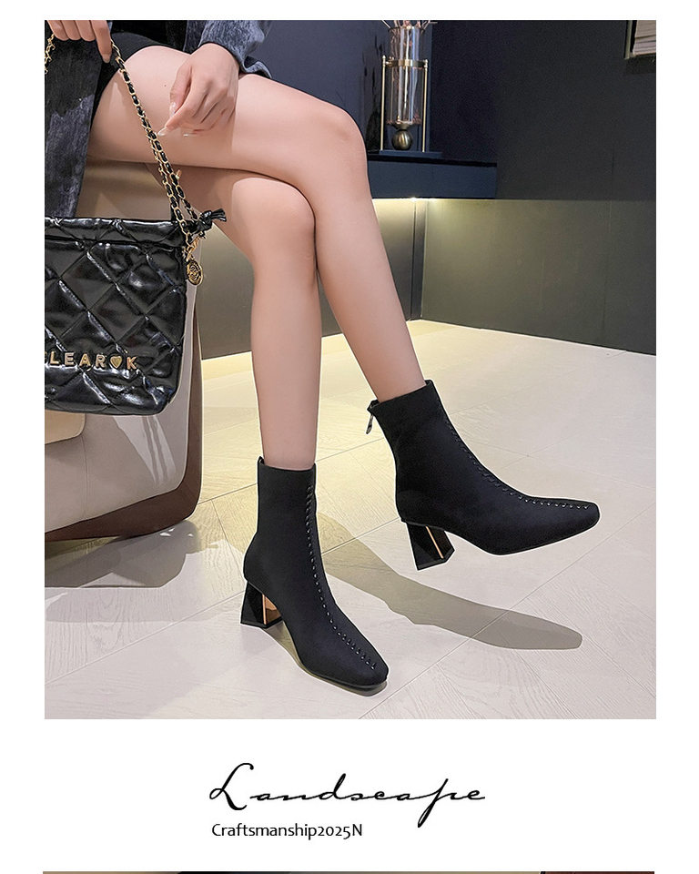 Bốt nữ cổ thấp mũi vuông gót dày 6–8 cm phong cách thanh lịch — Màu nâu (lớp lót nhung), Màu đen (lớp lót nhung) chi tiết 9