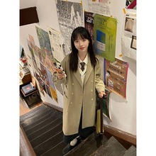 双排扣西装领大衣女2025年秋冬新款高级感显瘦小个子毛呢外套绿色