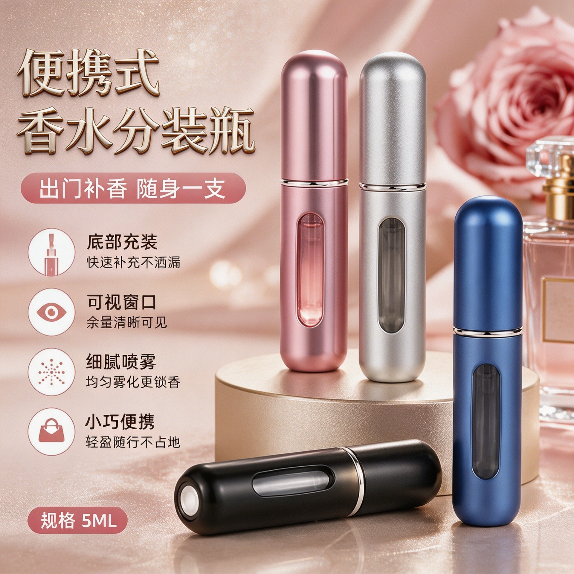 Perfume Dispensing Bottle with Direct Filling at the Bottom, High-End Portable Perfume Dispenser, Fine Mist Spray, Small Sample Vacuum Dispensing Bottle
