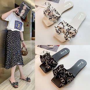 Foreign Trade Large Size Flat Slippers for Women Outer Wear 2021 Summer New Korean Style Bow Slippers for Women