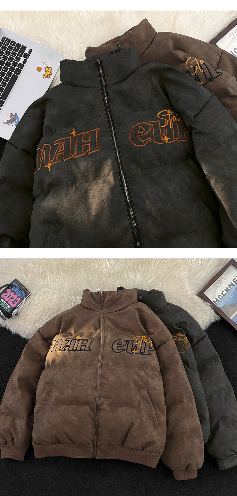 Vintage Embroidered PU Leather Down Jacket Cotton Jacket For Men And Women Winter Thickened Oversize Loose Leather Jacket Ins Tide_viptrois.com