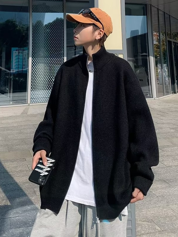 Chaqueta con cremallera estilo perezoso cárdigan suéter hombre otoño e invierno grueso perezoso de alta gama cuello alto suéter marca de moda japonesa