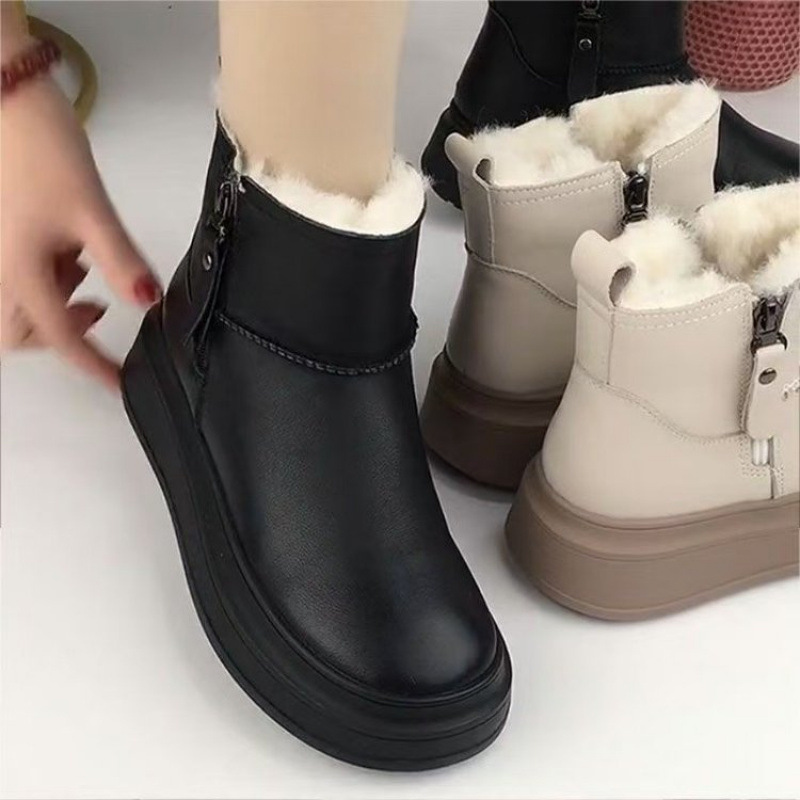 ShoeGlobe Thick-Soled Leather Waterproof Snow Boots For Women, Fleece-Lined, Thickened, Non-Slip, Warm, Height-Increasing Cotton_voghion.com