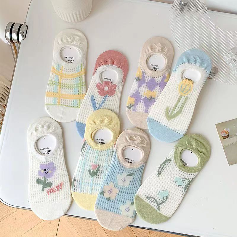 Socks Women's Summer Thin Hollow-out Mesh Invisible Socks Japanese Style Cute Three-dimensional Flower Tulip Shallow-veil Boat Socks