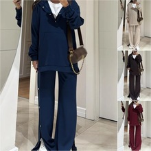 欧美跨境外贸新款女装2025秋冬纯色连帽口袋上袖长裤休闲宽松套装