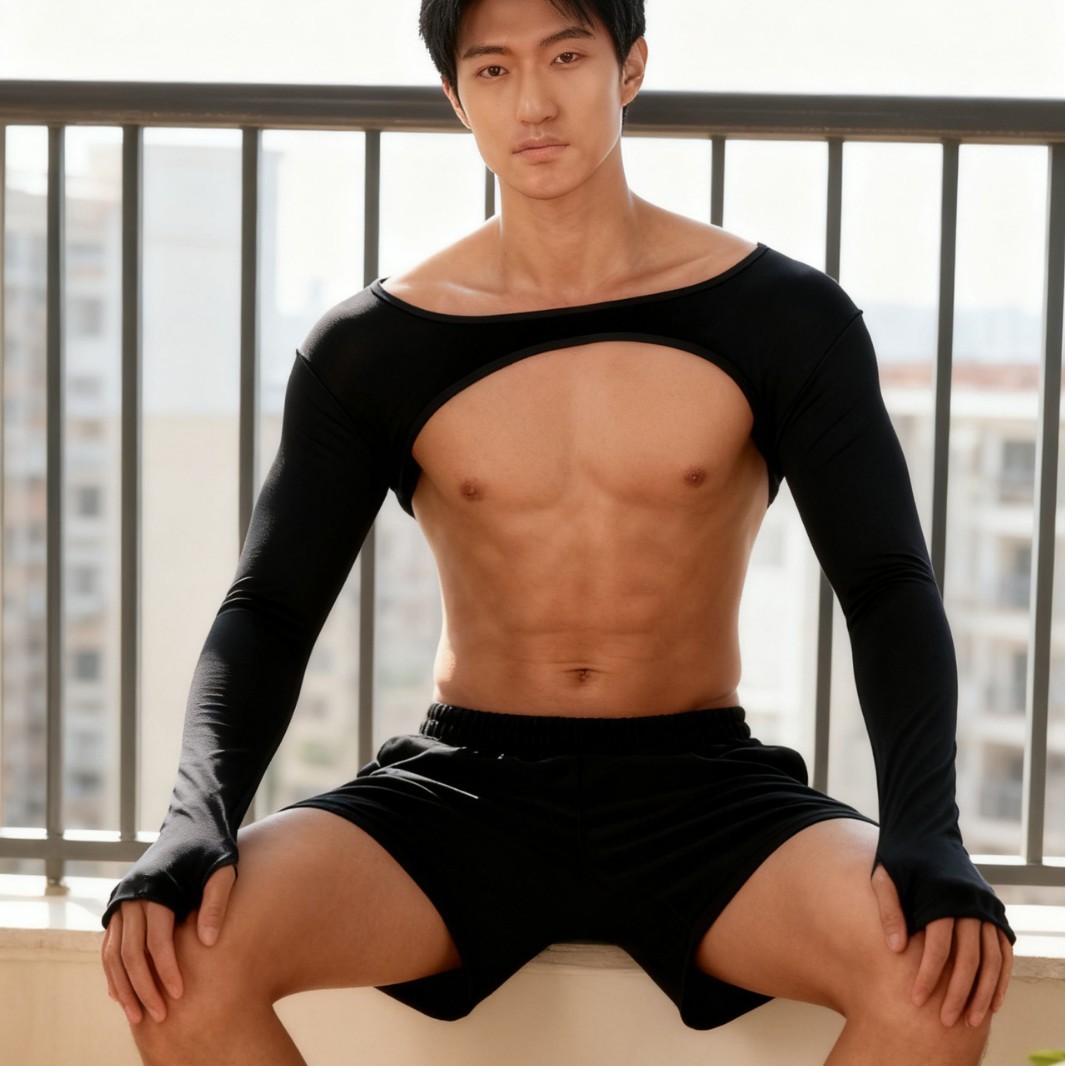 Clever-Menmode Men's Black Ice Silk Long-Sleeved Sexy Top Sexy Mini Body-Shaping Chest-Revealing Performance Clothing