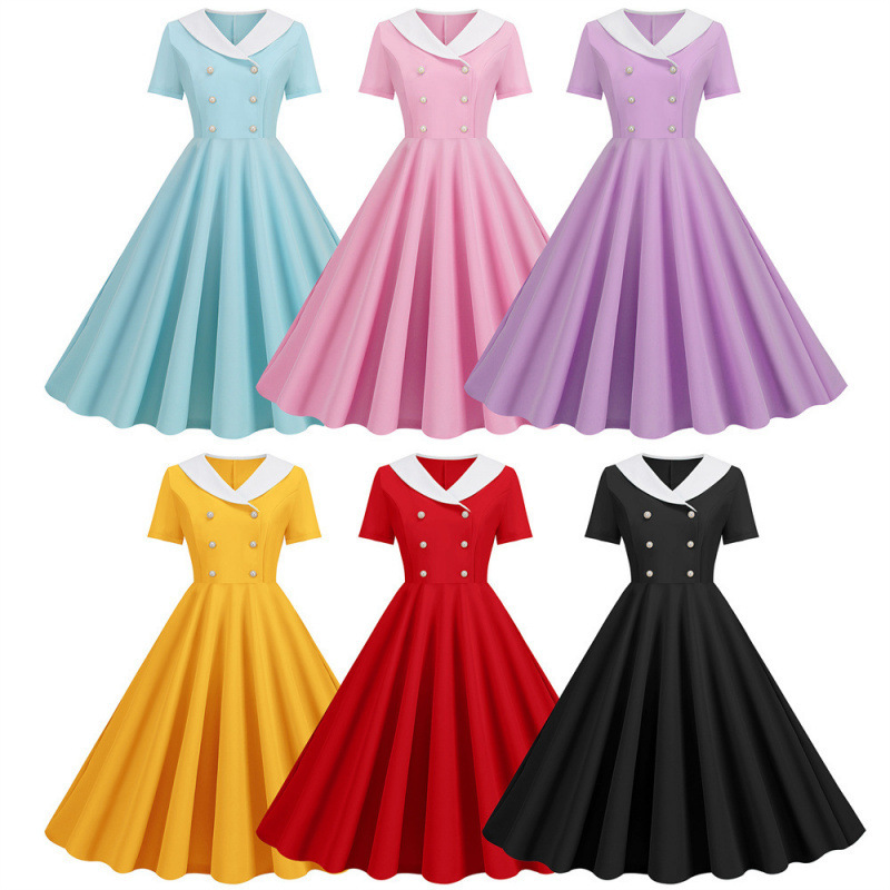 2023 Elegant Women's Clothing Contrast Color Fashion V-neck Double-breasted Slim-fit Slimming Retro Large Swing dress 2023 Elegant Women's Clothing Contrast Color Fashion V-neck Double-breasted Slim-fit Slimming Retro Large Swing dress